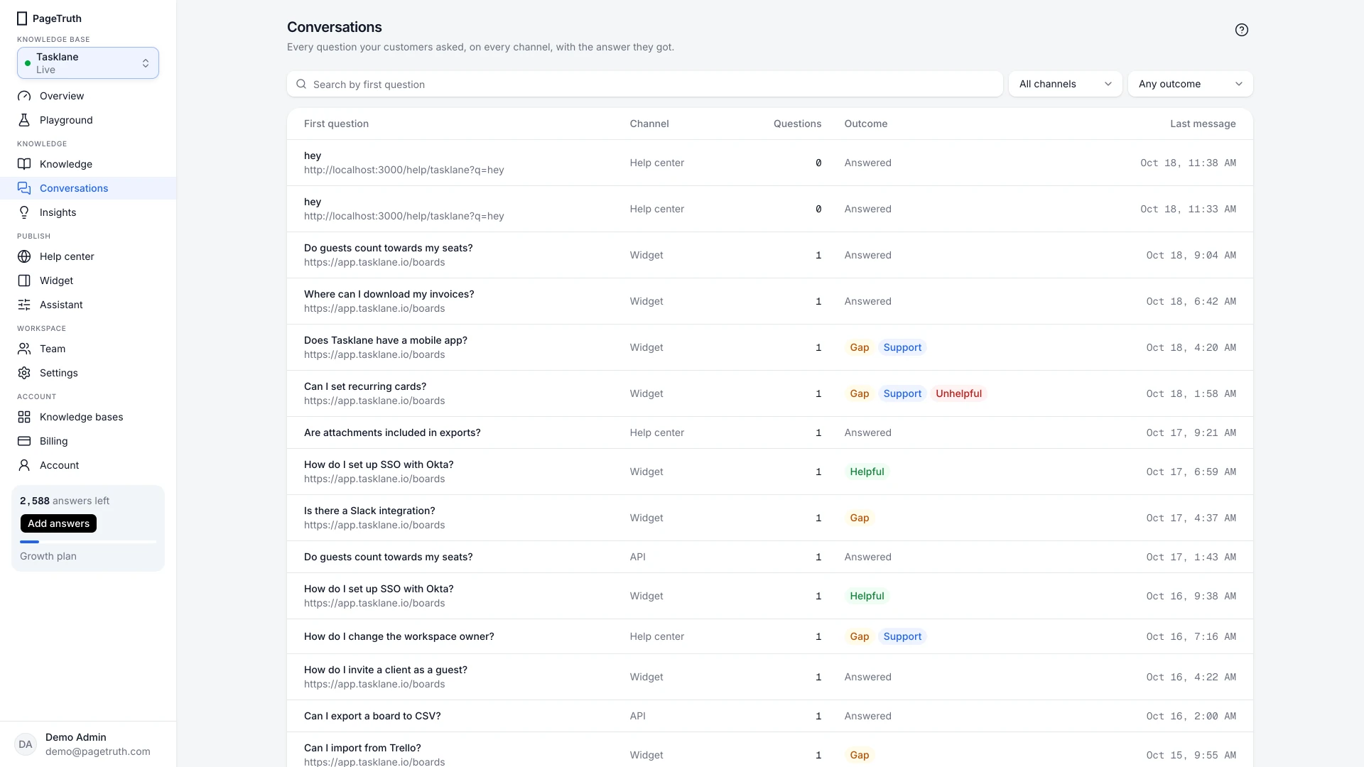 The Conversations list with its filters