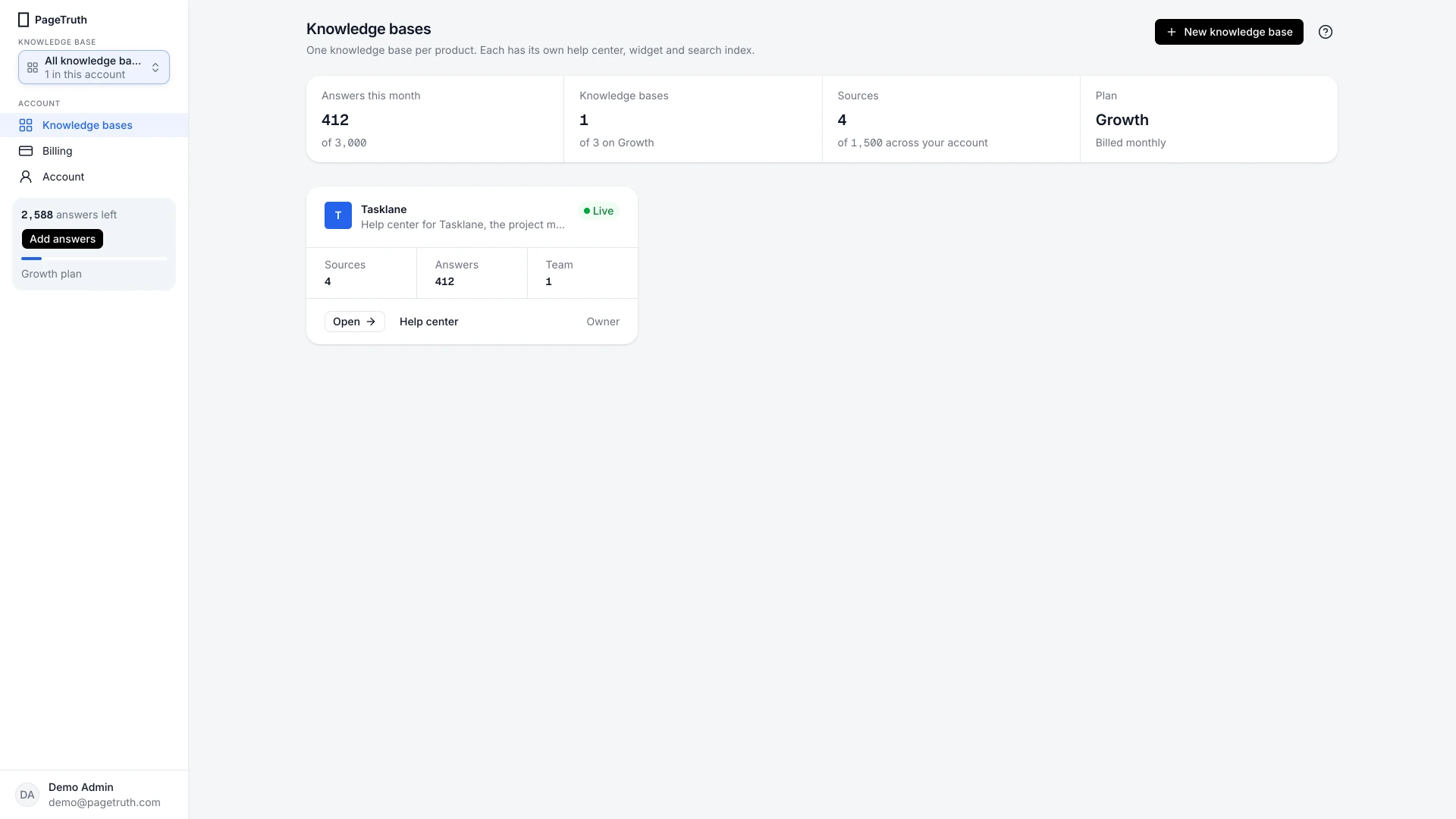 The Knowledge bases page with usage tiles and a knowledge base card