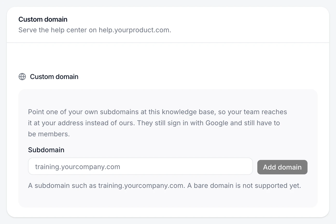 The Custom domain section showing the two DNS records to add