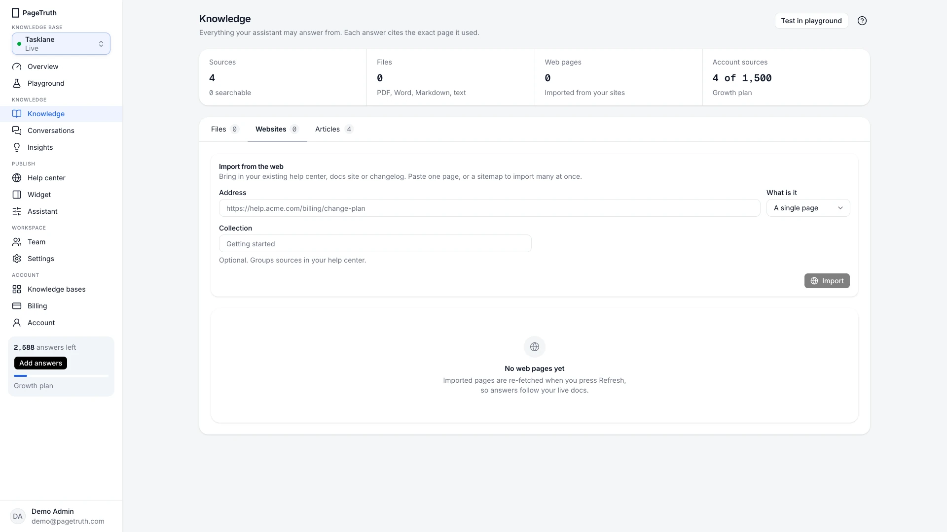 The Websites tab with the Import from the web form