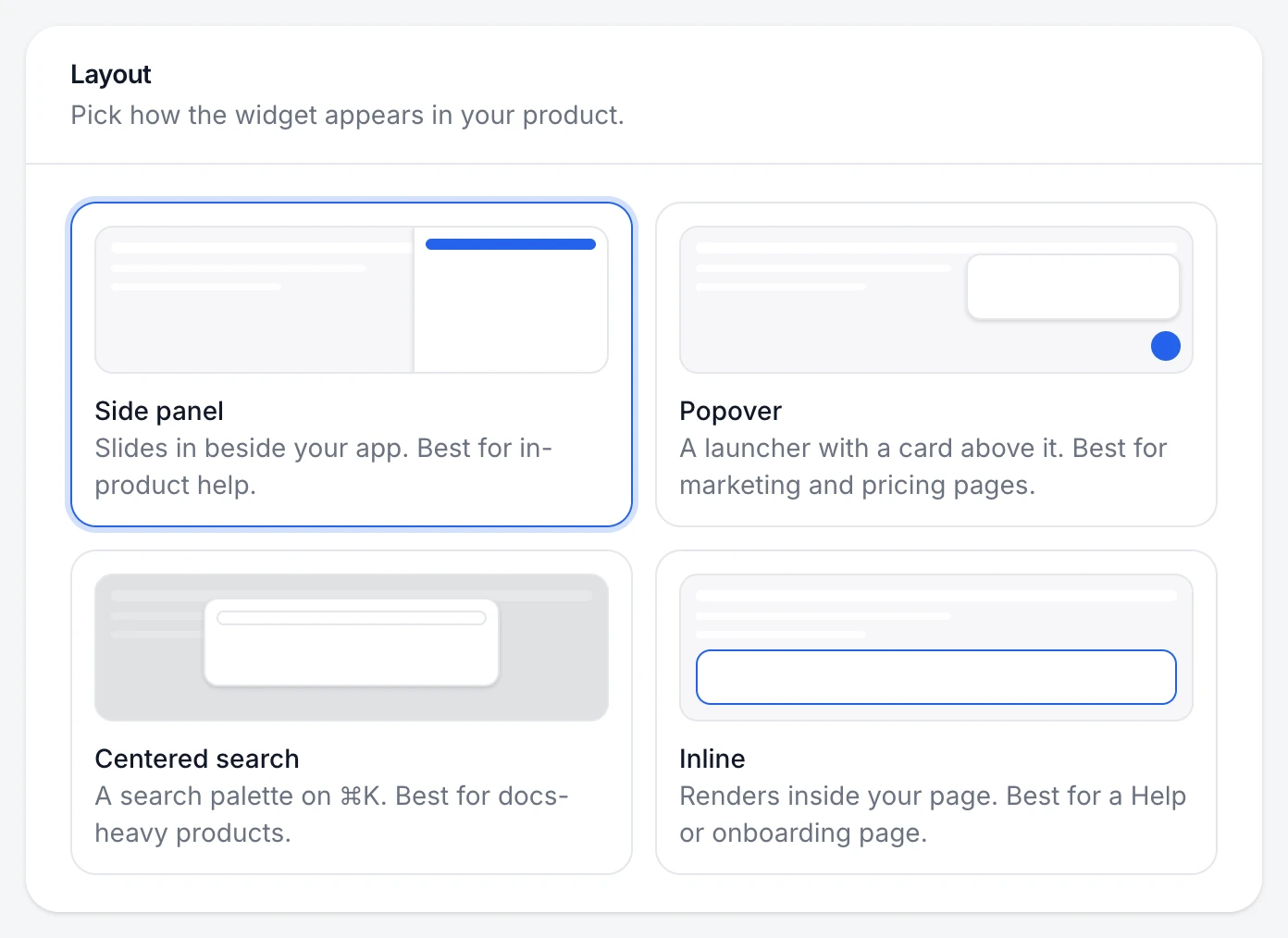 The four layout cards on the Widget page