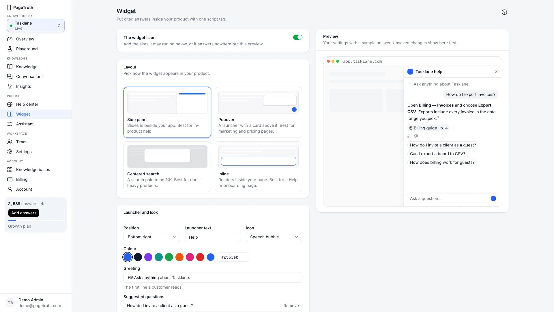 The Widget page with the layout picker and the live preview